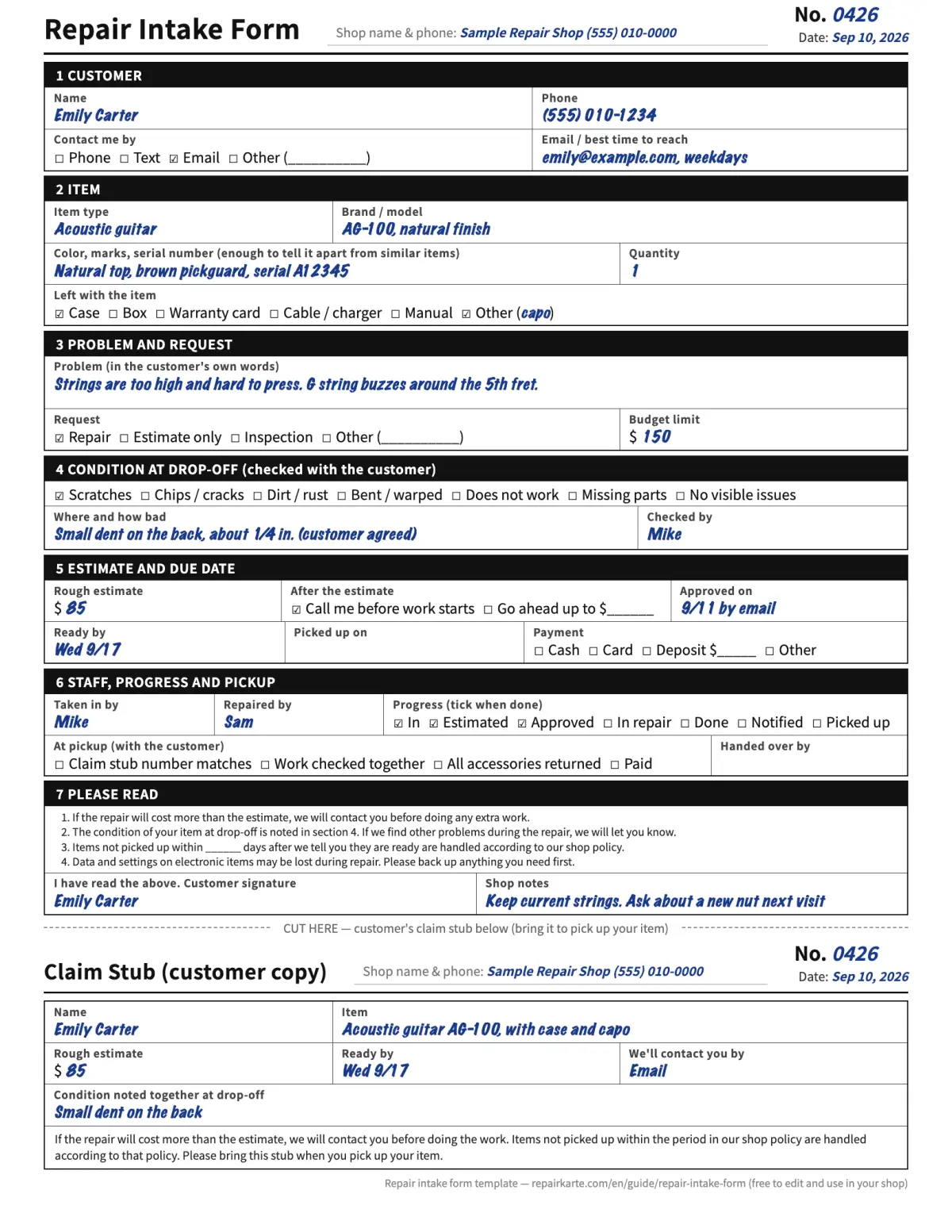 Filled-in sample of the repair intake form template