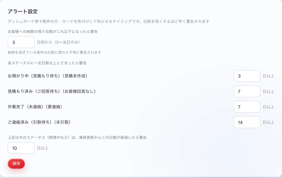 リペアカルテのアラート設定画面。納期の残り日数の警告と、お預かり中3日・見積もり済み7日・作業完了(未連絡)7日・ご連絡済み14日の日数欄