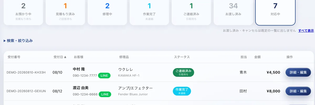 リペアカルテの修理一覧。状態ごとの件数のタイルと、受付番号・お客様・修理品・状態・担当・金額の行