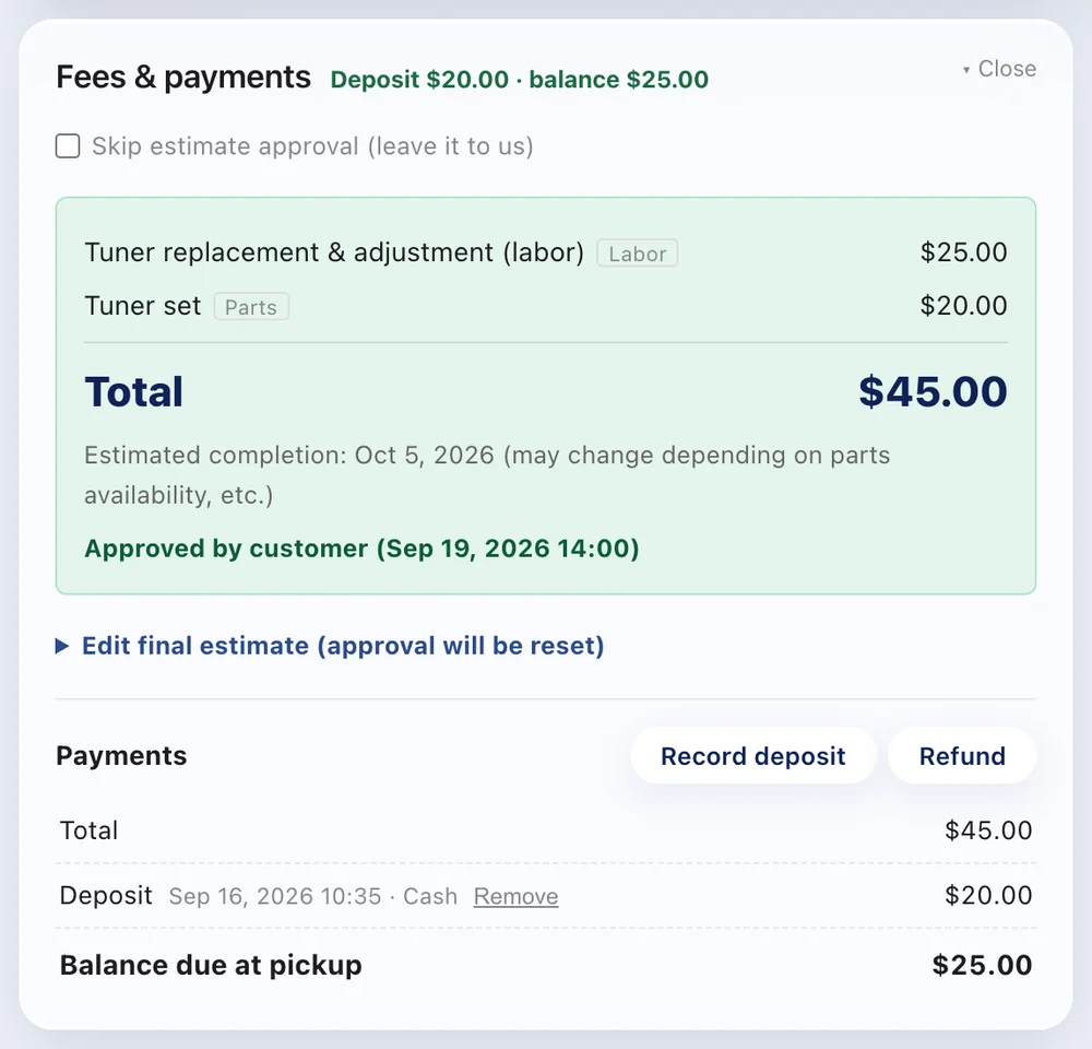 Deposits taken off, refunds recorded screen