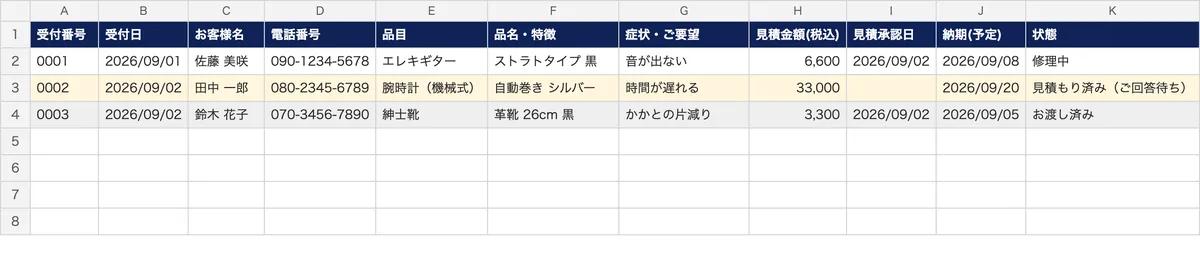 1行1件の修理管理台帳のExcel。受付番号・受付日・お客様名・電話番号・品目・品名・症状・状態などの列に、記入例が3行入っている